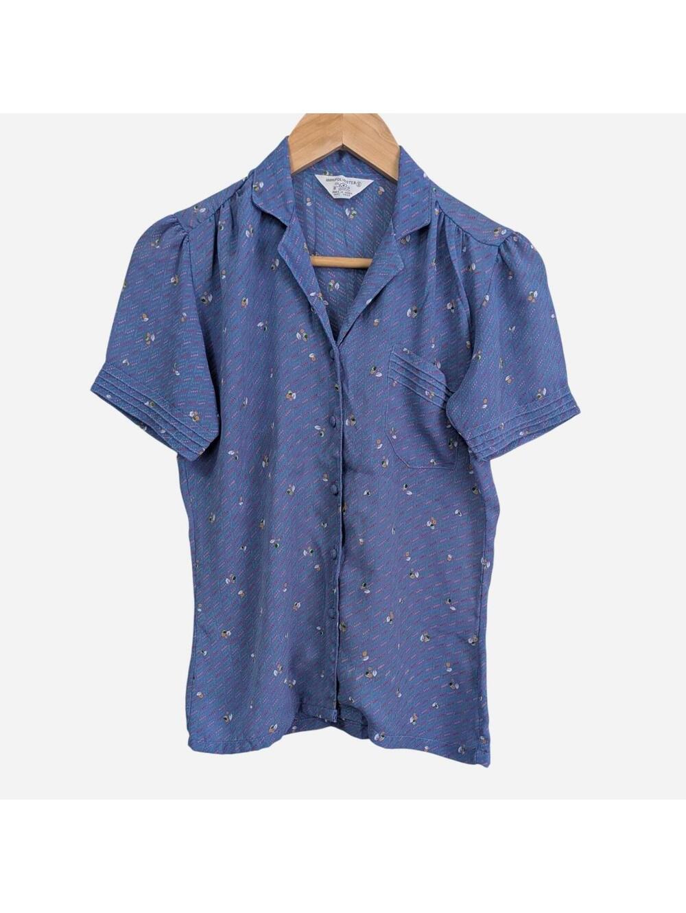 1970s Korean-Made Periwinkle Ditsy Print Puff Sleeve Polyester Blouse Small